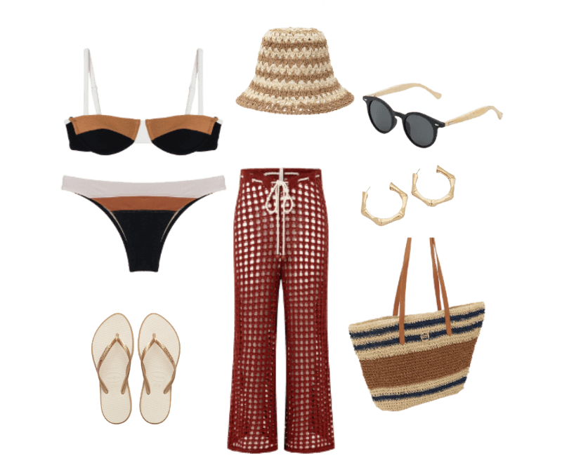 biquíni preto e marrom, calça vermelha vazada, chapéu bucket palha, óculos sol preto, sandálias neutras, bolsa palha listrada, brincos dourados.