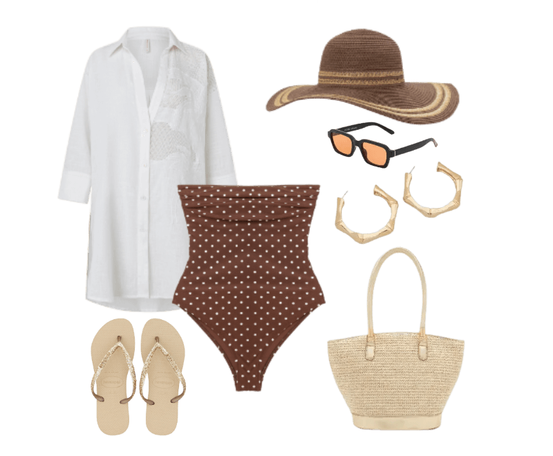 vestido branco chemise, maiô marrom poá, chinelo bege, bolsa de palha bege, chapéu de palha marrom, óculos escuros preto, brincos dourados.