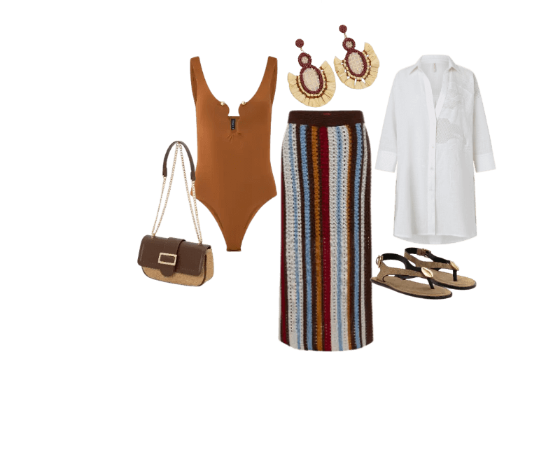 body marrom, saia crochê multicolorida, camisa branca, sandálias douradas, brincos grandes, bolsa palha