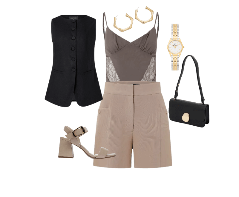 colete preto, blusa cinza alças finas, short bege, sandálias bege, brincos dourados, relógio dourado, bolsa preta.