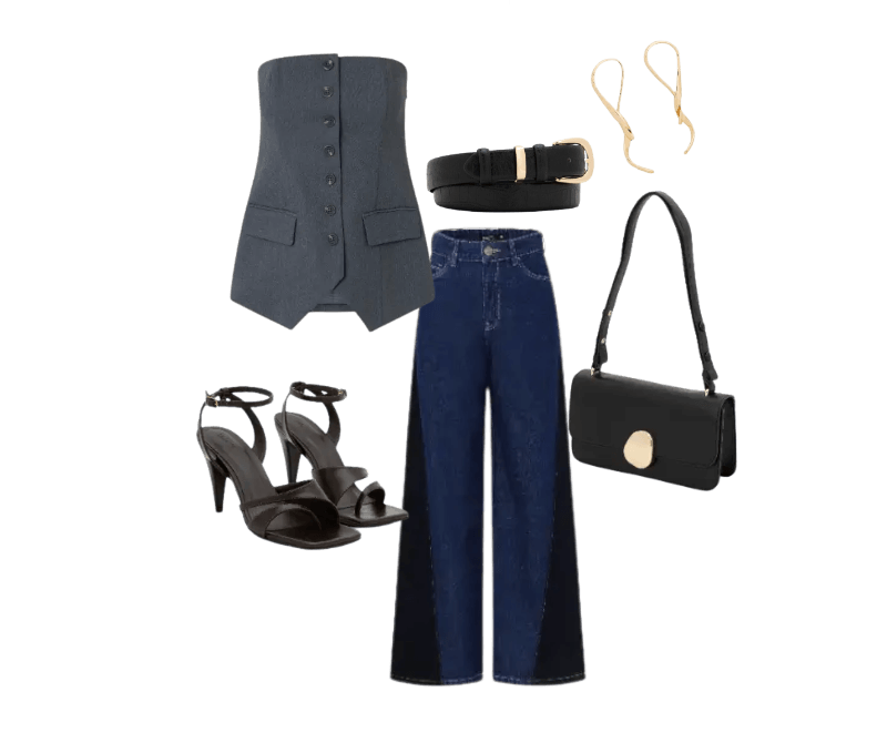 colete cinza, calça jeans ampla, sandália preta de salto, bolsa preta, cinto preto, brincos dourados