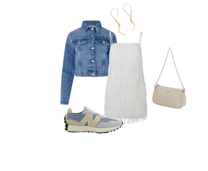 jaqueta jeans azul, vestido branco franzido, tênis cinza-azulado, bolsa bege transversal, brincos dourados