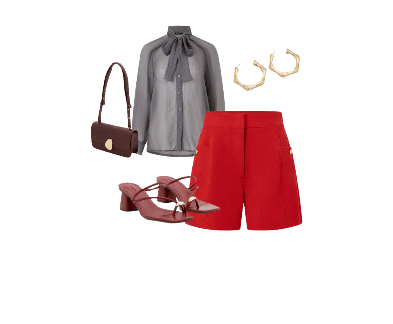 blusa cinza laço, short vermelho, sandália vinho salto, bolsa marrom, brincos dourados.