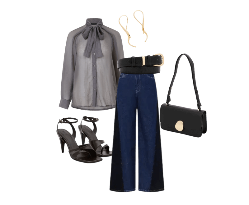 camisa cinza com laço, calça jeans azul, sandálias pretas, bolsa preta, cinto preto, brincos dourados