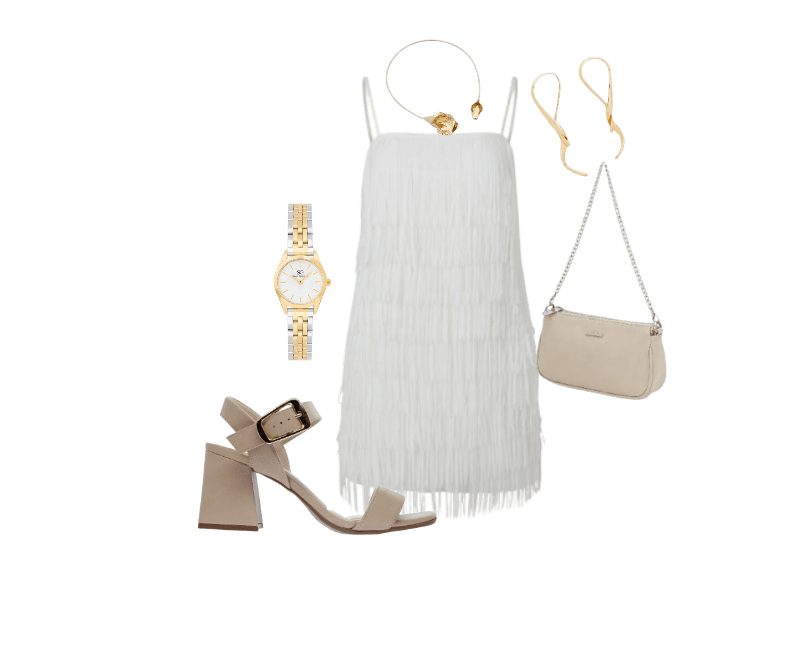 vestido branco de franjas, sandálias nude de salto alto, relógio dourado, bolsa bege, brincos dourados, colar dourado