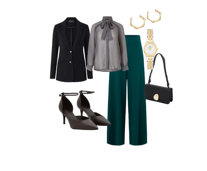 blazer preto, blusa cinza, calça verde escura, sapatos de salto preto, brincos dourados, relógio dourado, bolsa preta