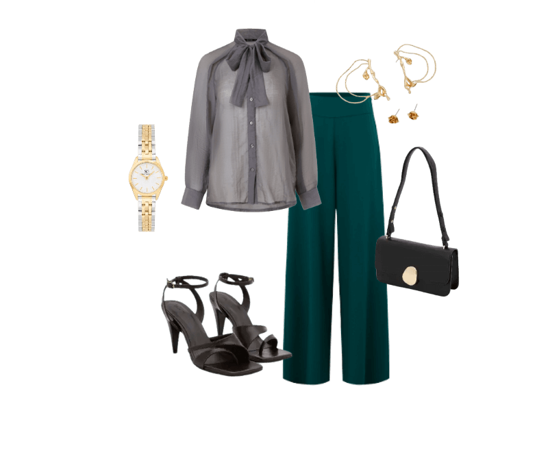 blusa cinza com laço, calça verde esmeralda, sandálias preta, relógio dourado, brincos dourados, bolsa preta