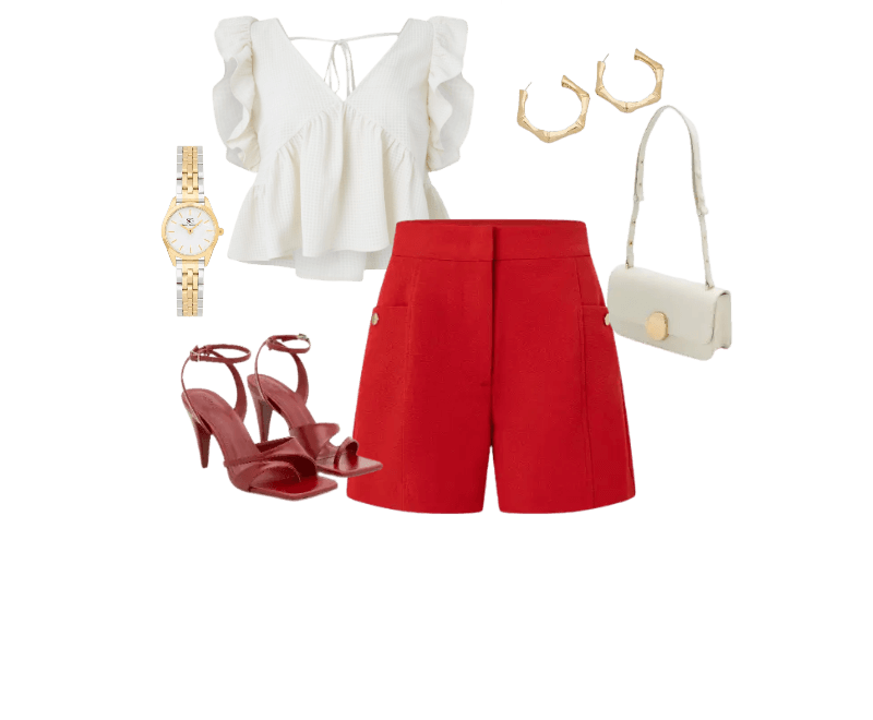blusa branca com babados, shorts vermelhos, sandálias vermelhas, bolsa branca transversal, relógio dourado, brincos de argola dourados