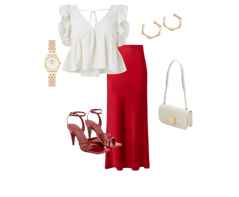 top branco com babados, saia longa vermelha, sandálias vermelhas, bolsa creme, relógio dourado, brincos dourados.