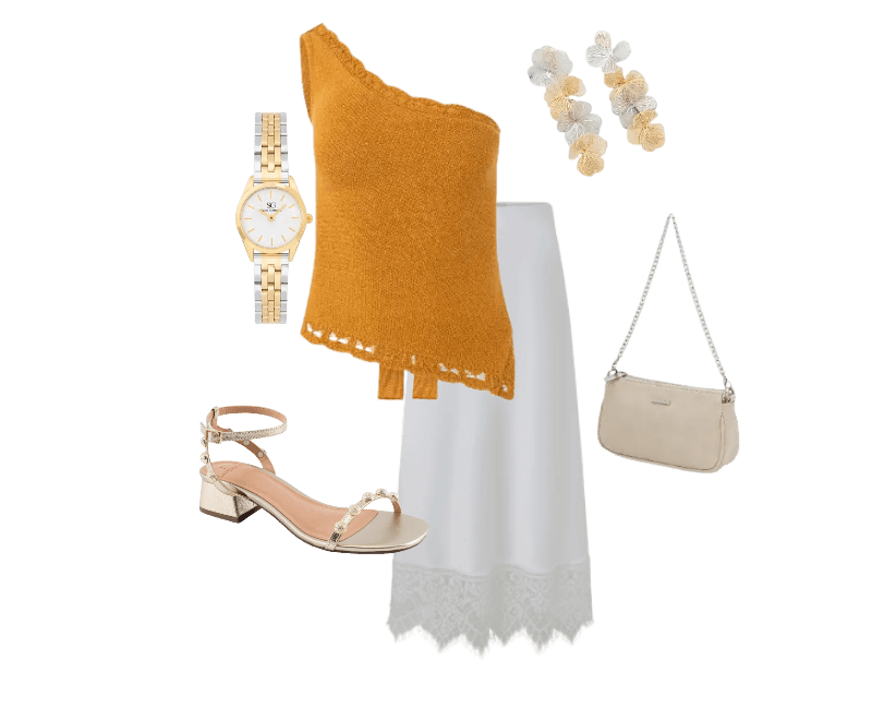 blusa amarela um ombro, saia branca renda midi, sandálias nude, bolsa bege, brincos florais, relógio dourado