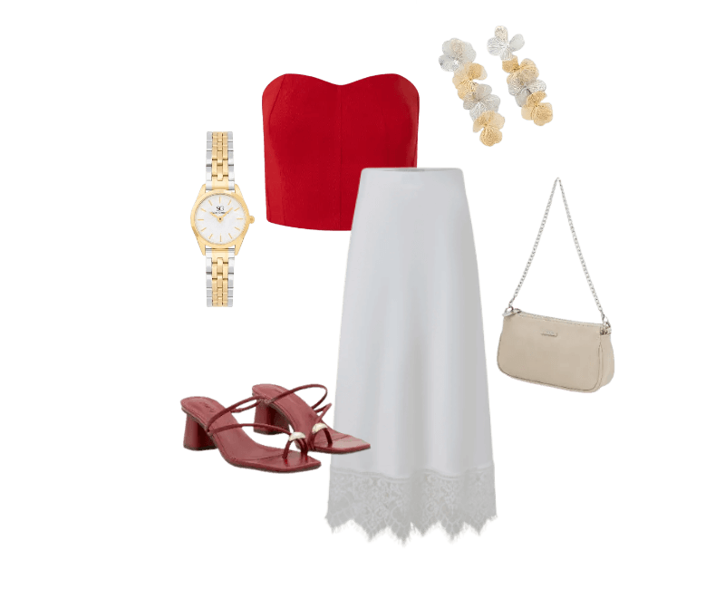 top vermelho tomara que caia, saia branca longa, sandálias vermelhas de salto baixo, relógio dourado, brincos de flor, bolsa creme
