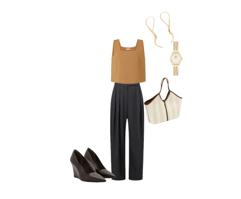 regata marrom claro, calça preta de alfaiataria, scarpins pretos, bolsa bege, relógio dourado, brincos dourados