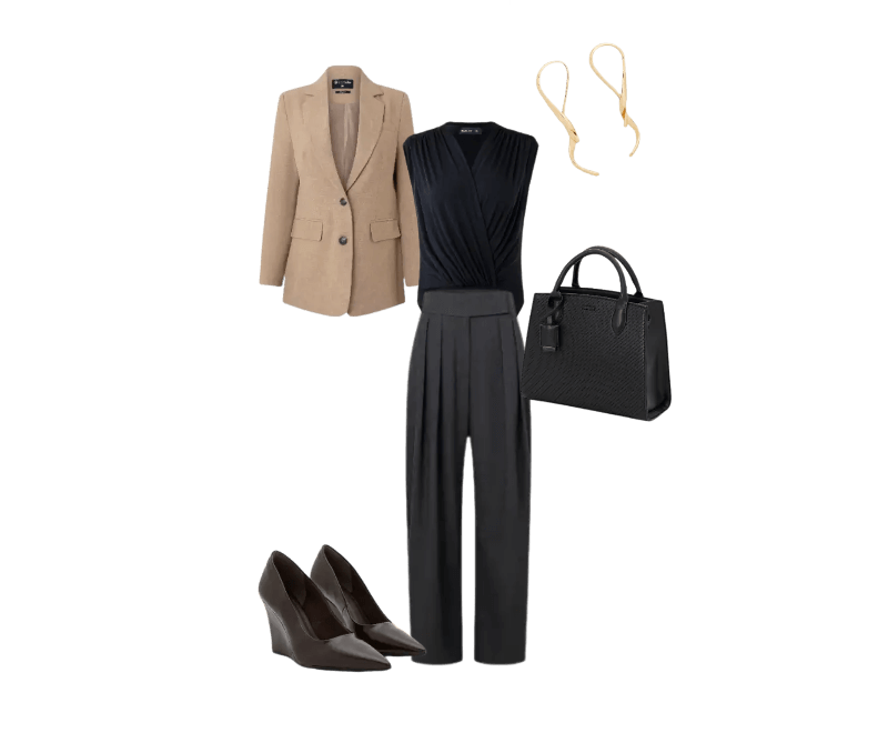 blazer bege, blusa preta sem mangas, calça preta de alfaiataria, sapatos pretos, bolsa preta, brincos dourados