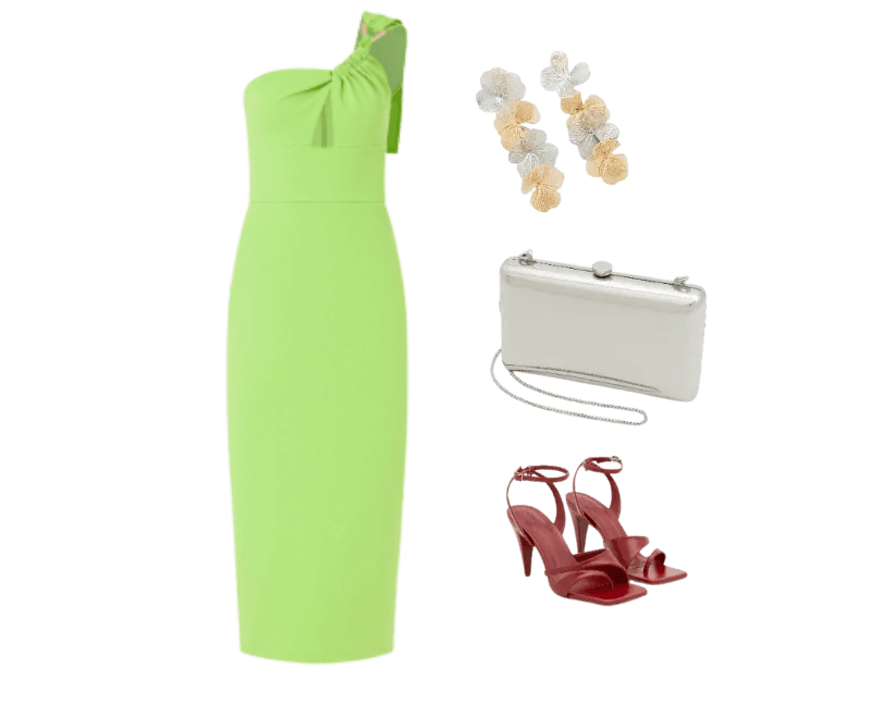 vestido verde neon ombro único, sapato vermelho de salto, brincos de flores, clutch prateada