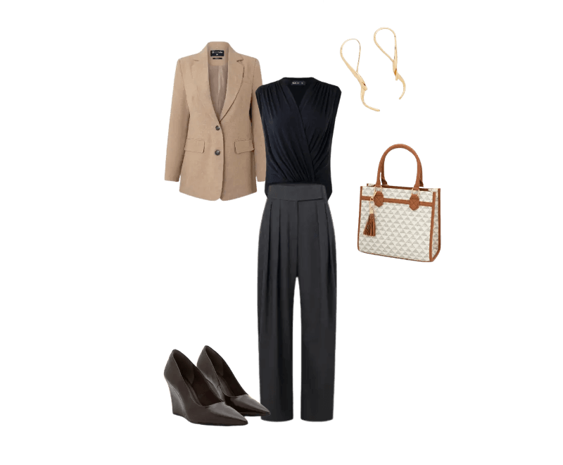 blazer bege, blusa preta, calça preta, sapatos pretos, bolsa neutra, brincos dourados