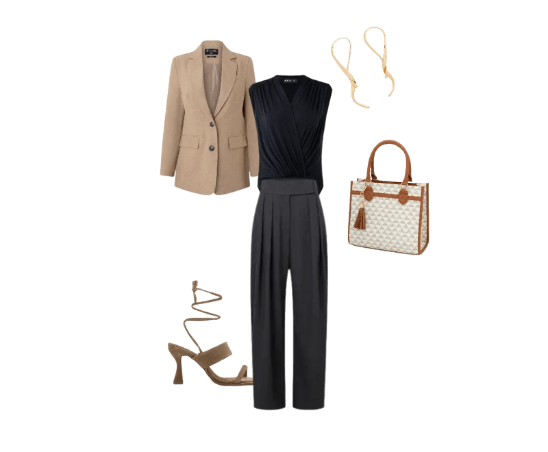 blazer bege, top preto, calça preta, sandália dourada, bolsa branca, brincos dourados