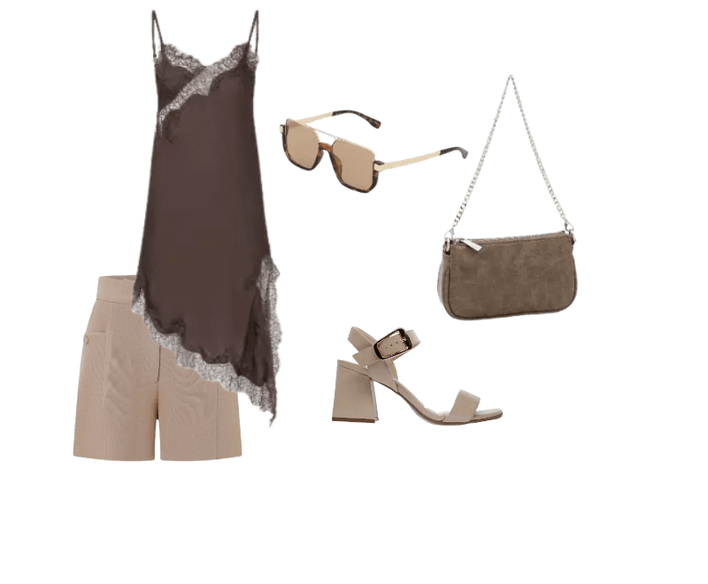 blusa marrom alça, short bege alfaiataria, sandálias bege salto, bolsa marrom camurça, óculos sol bege