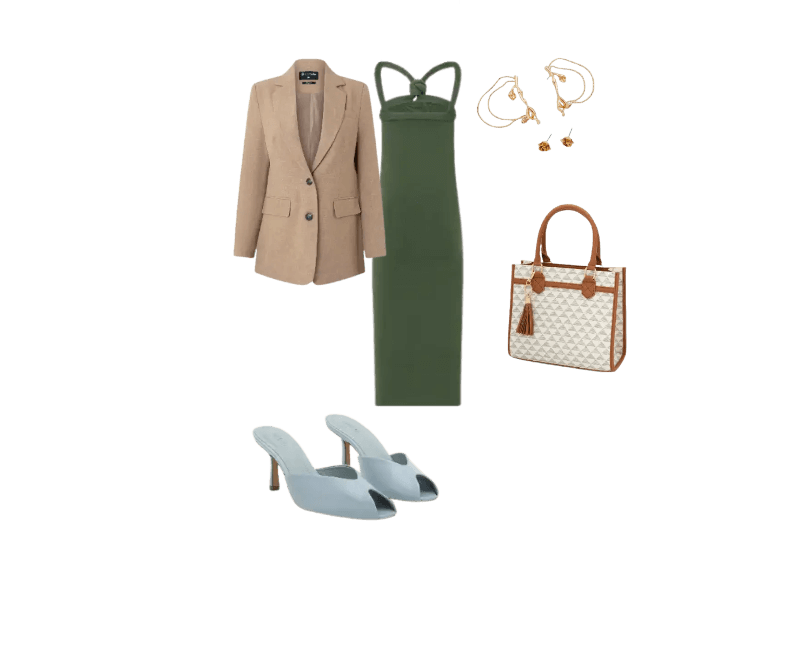 blazer bege, vestido verde, sandálias azuis, bolsa bege e branca, brincos dourados