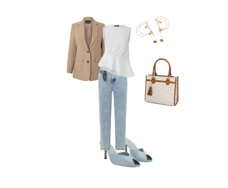 blazer bege, blusa branca, calça jeans azul, sapatos azuis claros, bolsa geométrica, brincos dourados