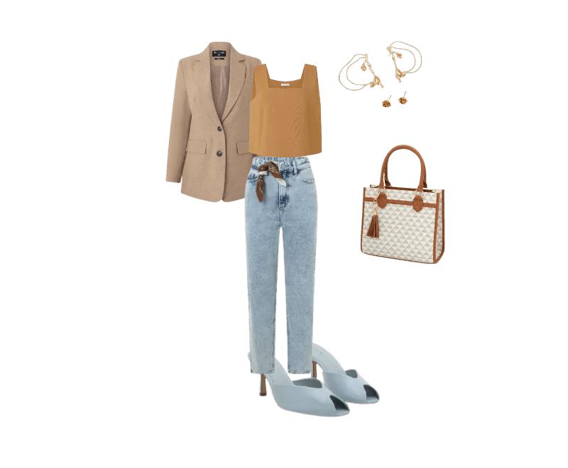 blazer bege, top marrom, calça jeans clara, sapatos azul claros, bolsa bege, brincos dourados