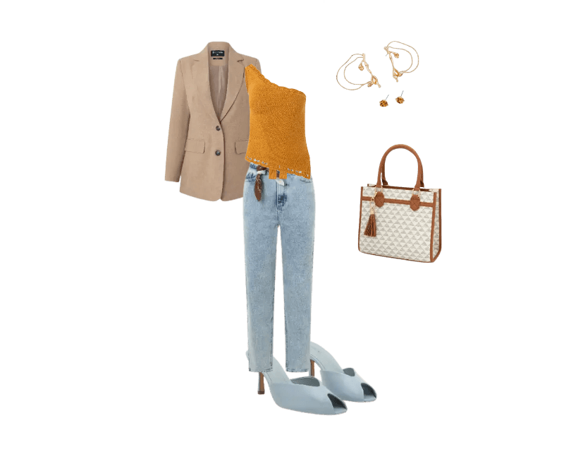 blazer bege, top mostarda, calça jeans azul clara, saltos azuis claros, brincos dourados, bolsa bege e marrom