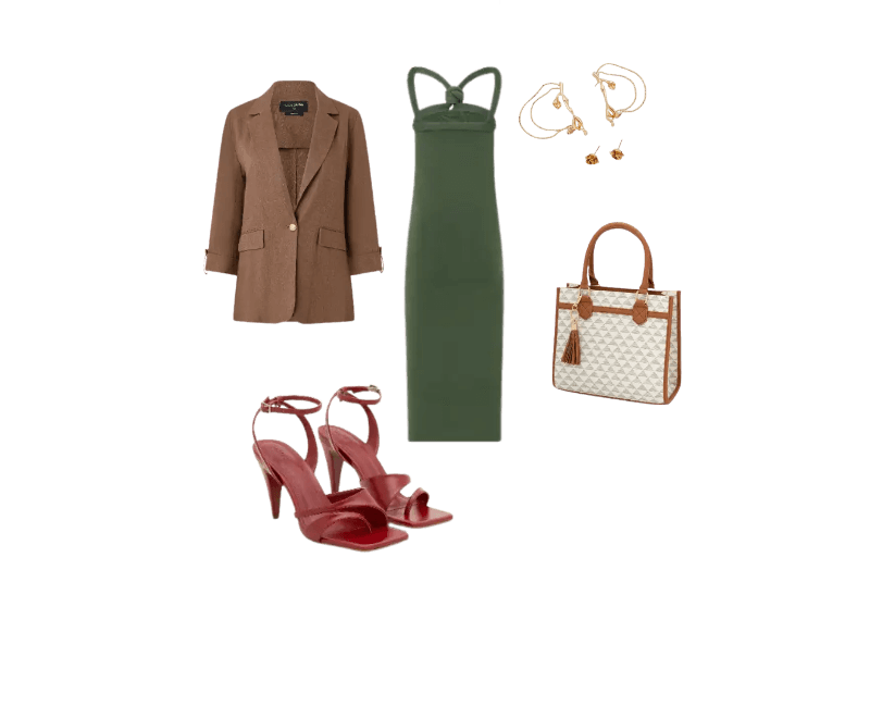 blazer marrom, vestido midi verde, sandálias vermelhas, bolsa estampada, brincos dourados