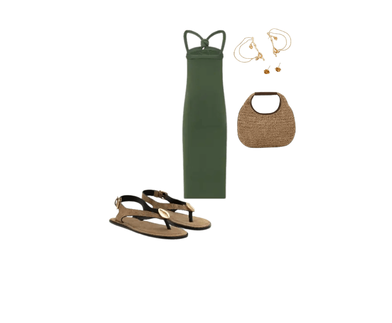 vestido verde longo, sandália marrom rasteira, bolsa palha, brincos dourados