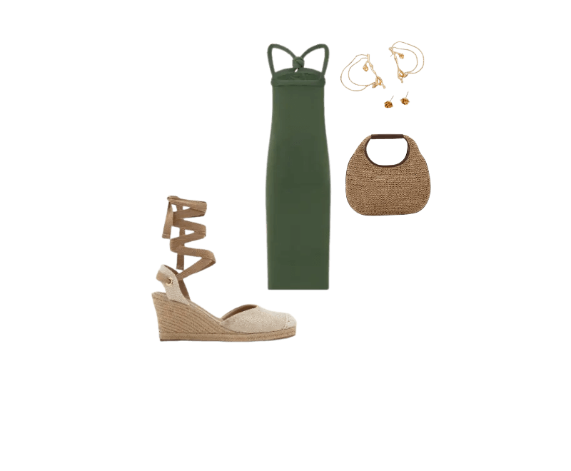 vestido verde oliva, sandálias plataformas bege, bolsa de palha, brincos dourados