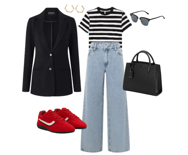blazer preto, camiseta listrada preto e branco, calça jeans clara, tênis vermelho, bolsa preta, óculos de sol, argolas douradas