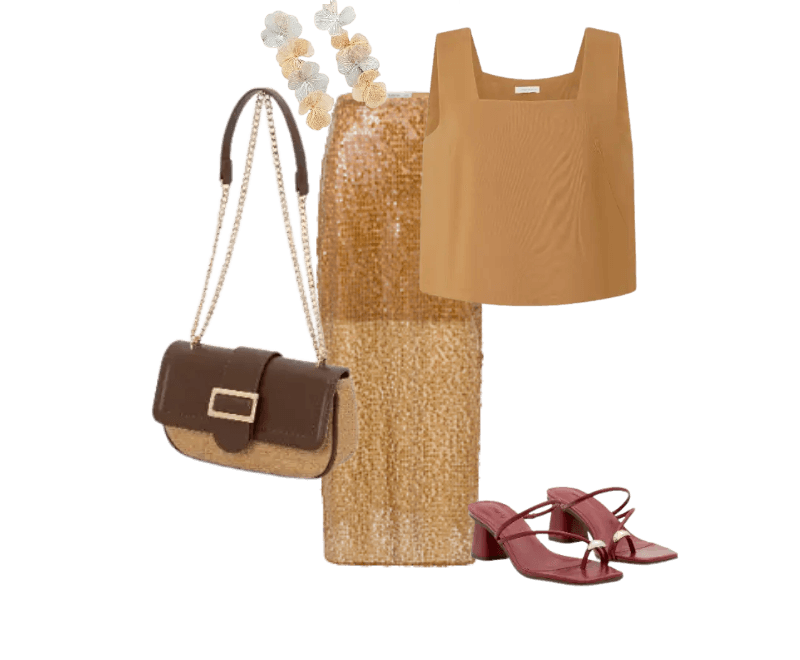 top bege sem mangas, saia midi dourada, sandálias vinho, bolsa marrom, acessórios claros