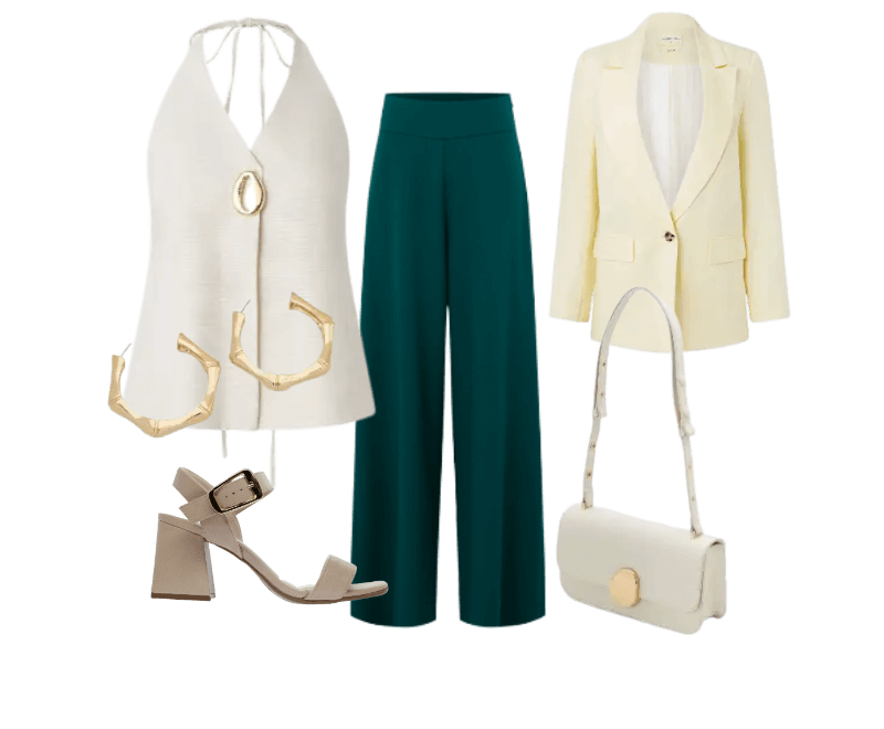 top branco de alças, calça verde ampla, blazer creme, sandálias nude de salto, bolsa branca transversal, acessórios dourados