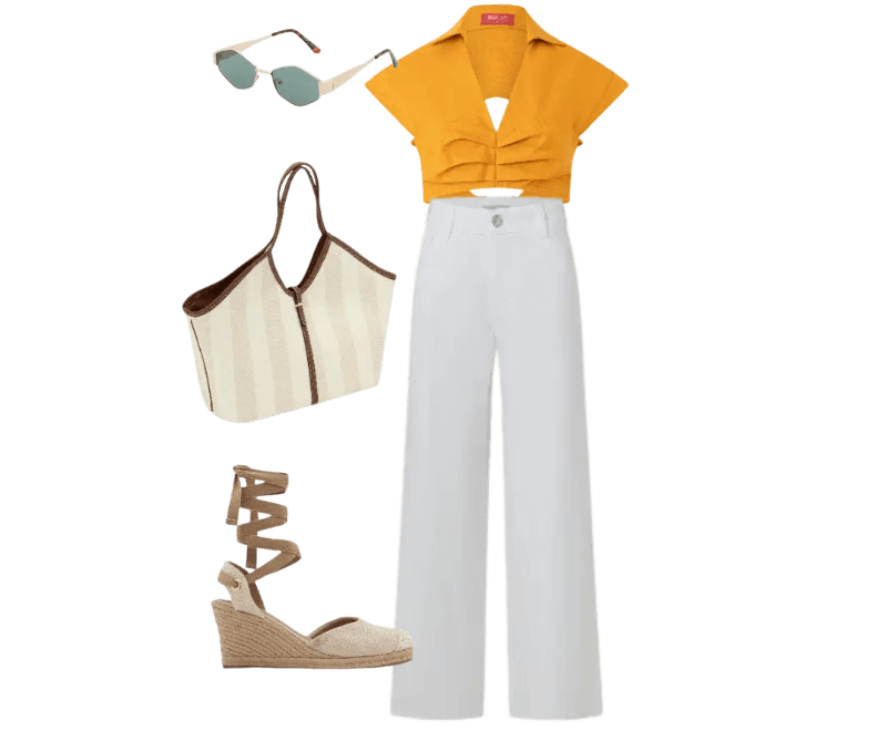 top amarelo, calça branca, sandálias bege, bolsa de palha, óculos de sol verde