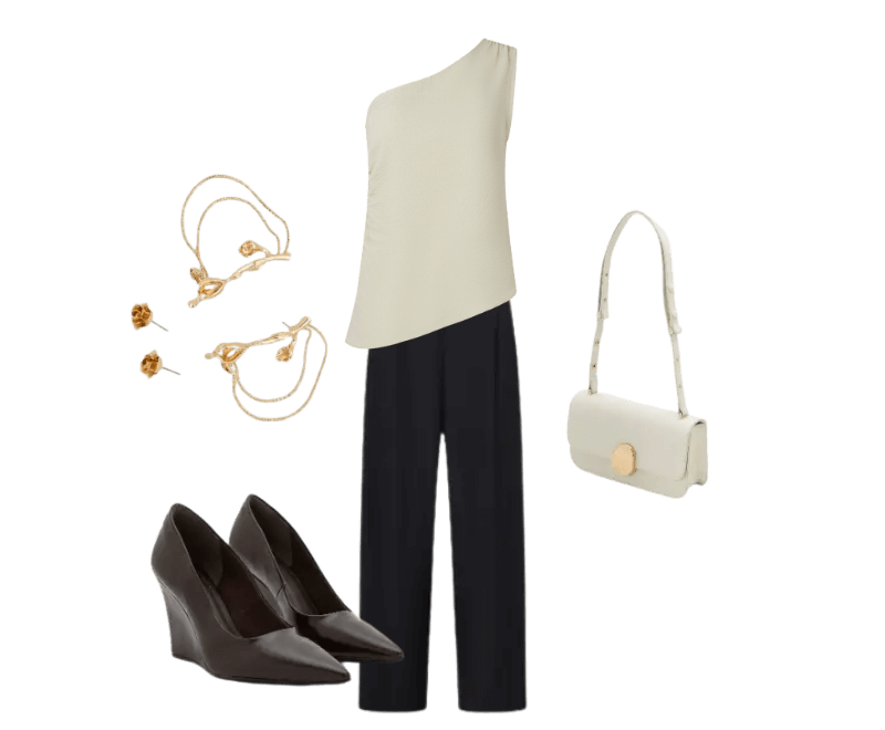 blusa off-white assimétrica, calça preta reta, sapatos pretos de salto, bolsa branca lateral, brincos dourados, pulseiras douradas