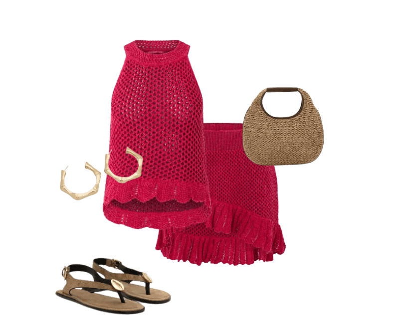 blusa crochê vermelho, saia crochê vermelho, bolsa palha bege, argolas douradas, sandálias pretas.
