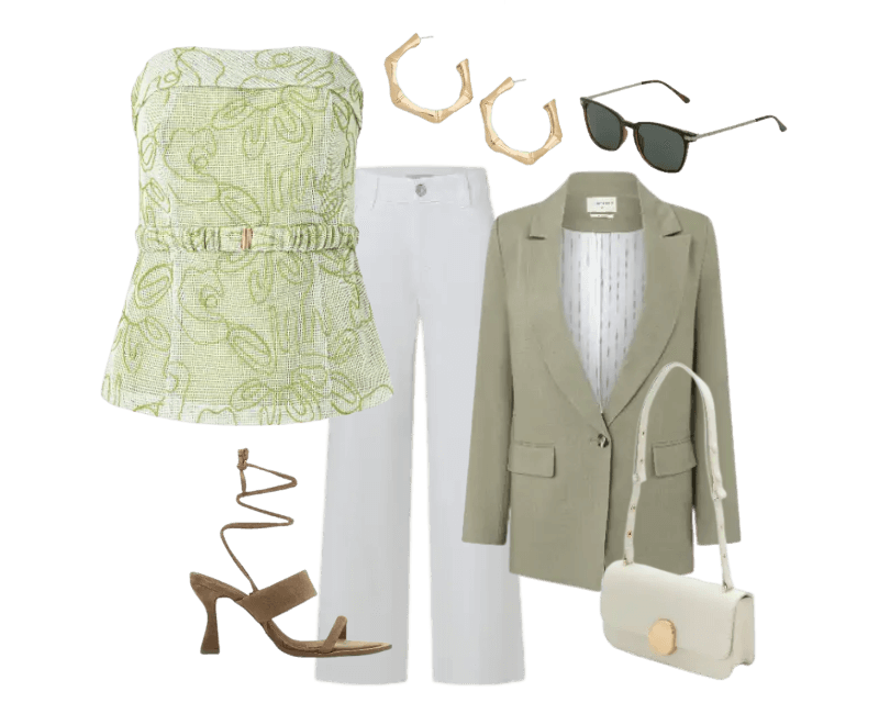 blusa verde pistache estampa floral, calça branca flare, blazer verde menta, sandália salto marrom, bolsa creme, brincos dourados, óculos escuros.