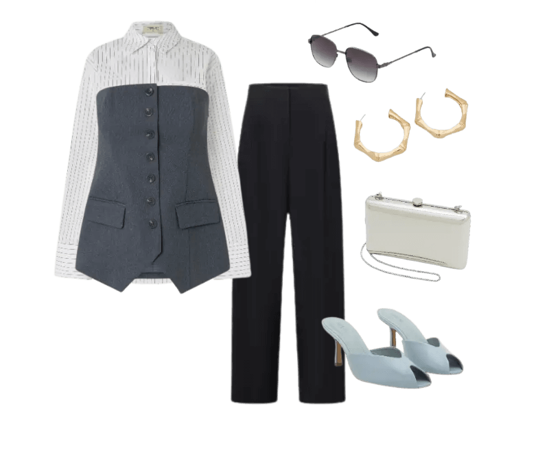 camisa branca listrada, colete cinza, calça preta alfaiataria, mule azul claro, bolsa branca, óculos escuros, argolas douradas