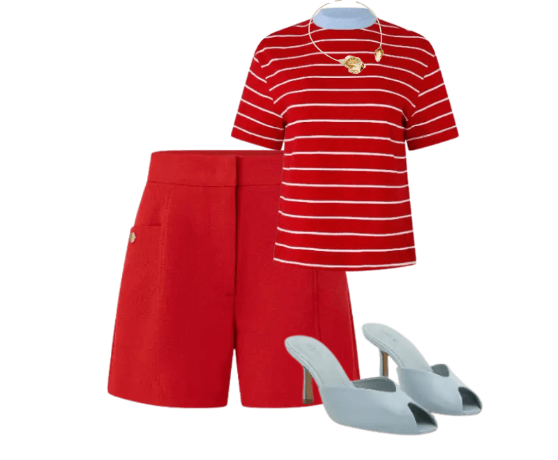 camiseta listrada vermelha, short vermelho, sandália mule cinza, colar dourado.