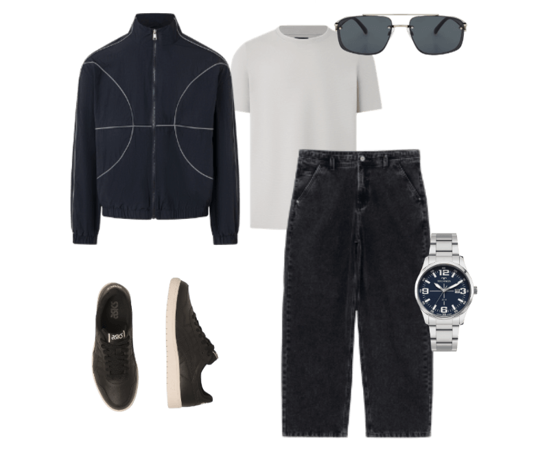 jaqueta preta geométrica, camiseta branca básica, calça jeans preta, tênis preto, relógio prateado, óculos escuros