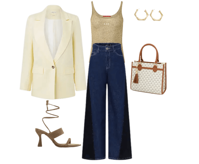 blazer amarelo creme, top dourado, calça jeans flare azul, sandália marrom claro, bolsa branca estruturada, brincos de argola dourados.