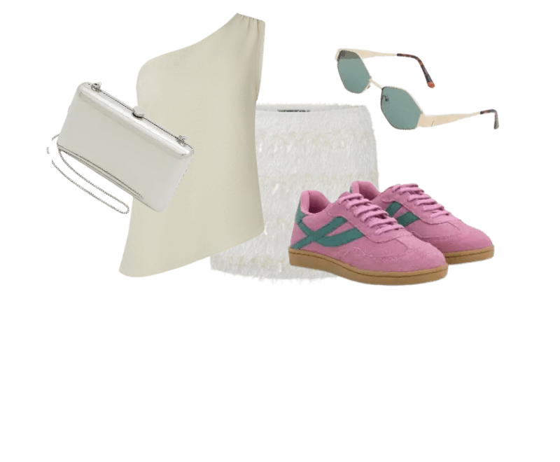 top off-white um ombro só, saia branca curta, tênis rosa detalhes verdes, bolsa branca, óculos de sol verdes.