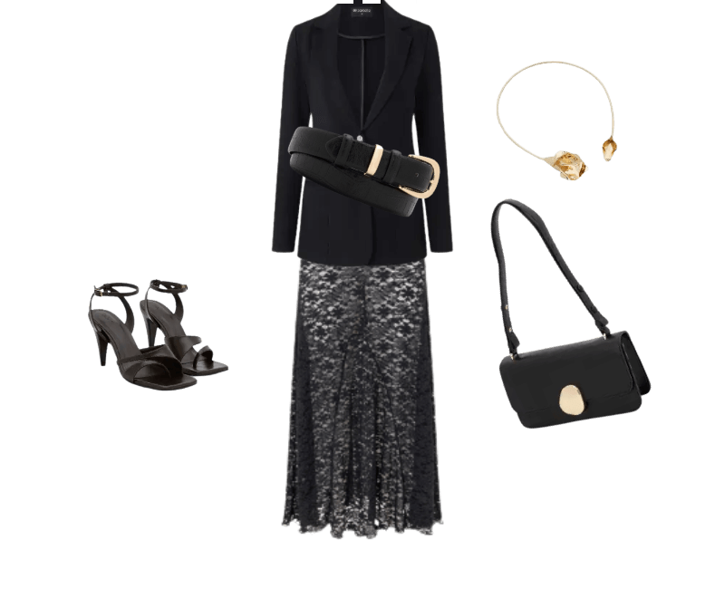 blazer preto, saia prata de paetês, cinto preto, sandálias de salto preto, bolsa preta com detalhe dourado, headband dourada com flores