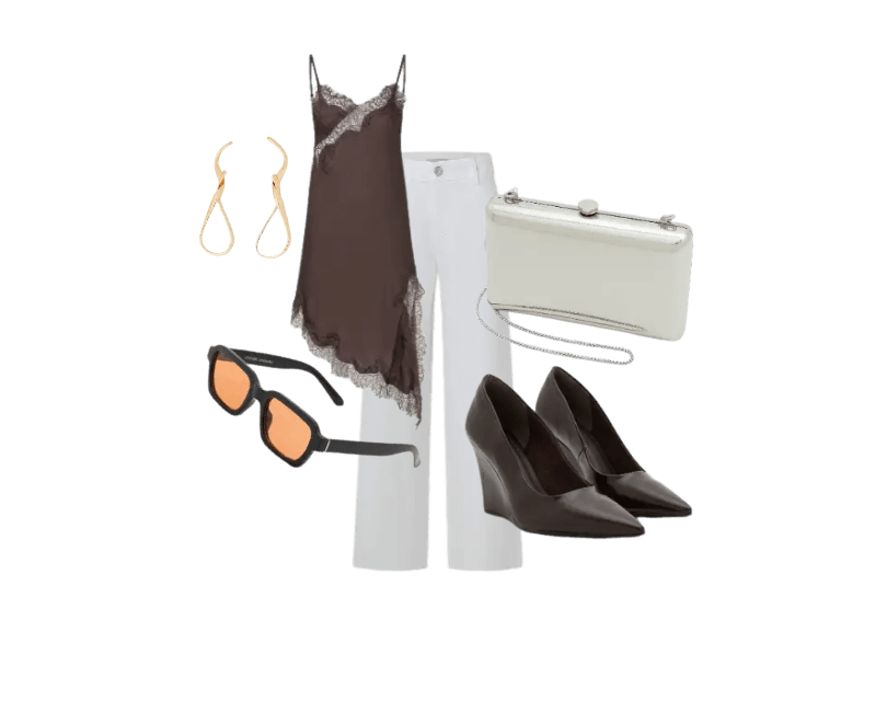 blusa marrom de renda, calça branca, sapato marrom pontudo, clutch branca, brincos dourados, óculos escuros