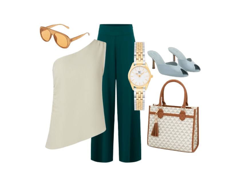 blusa bege um ombro, calça verde esmeralda, mule azul claro, bolsa bege marrom, óculos de sol dourado, relógio dourado