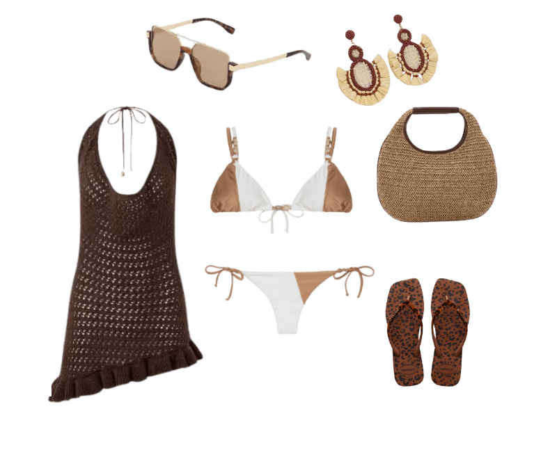 biquíni marrom e branco, vestido crochê marrom, sandálias estampadas, óculos de sol bege, brincos de palha, bolsa de ráfia.