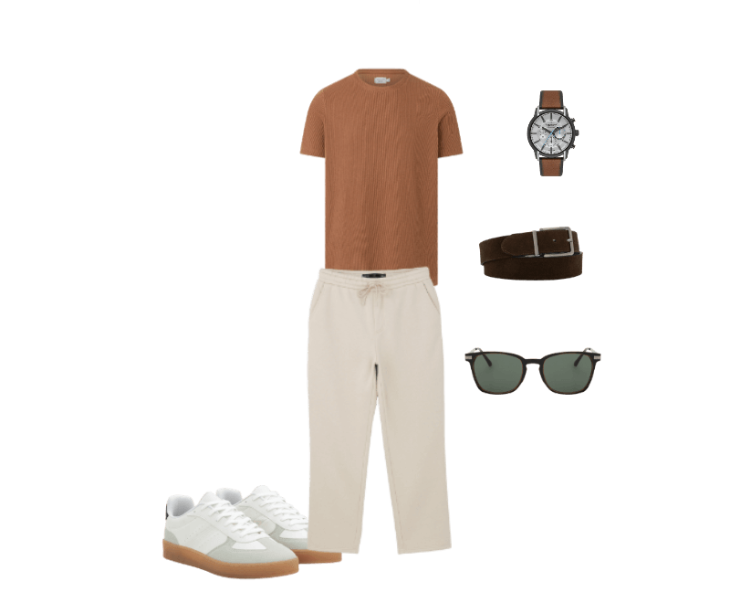 camiseta marrom texturizada, calça bege, tênis branco, relógio clássico, cinto marrom camurça, óculos escuros.