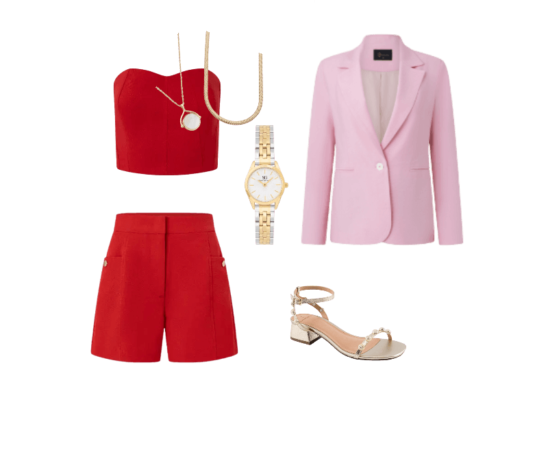 blazer rosa, cropped vermelho, shorts vermelhos, sandálias douradas, relógio dourado, colar dourado.