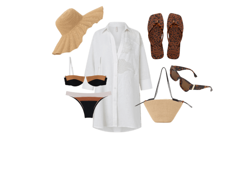 biquíni preto e caramelo, camisa branca, chapéu de palha, sandálias marrons estampadas, óculos de sol, bolsa de palha