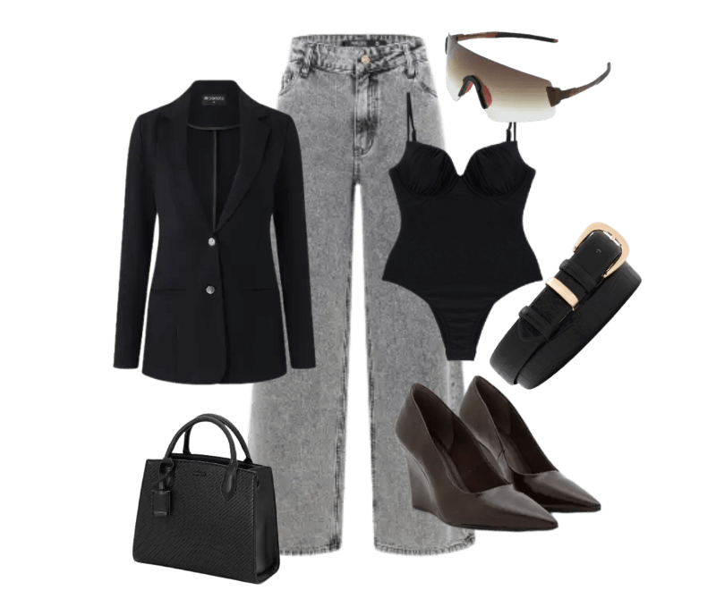 blazer preto, jeans cinza, body preto, cinto preto, sapato de salto escuro, bolsa preta, óculos futuristas