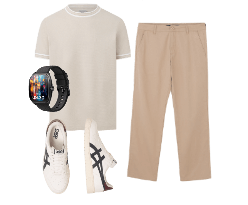 camiseta bege, calça chino caqui, tênis branco retrô, smartwatch preto