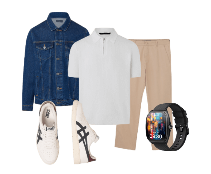 jaqueta azul jeans, camisa branca polo, calças bege alfaiataria, tênis off-white esportivo, smartwatch preto.